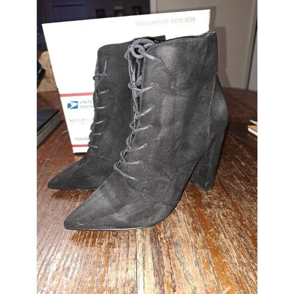 Size 7 ASOS Black Lace Up Zip Chunky High Heel Ankle Boots Booties Pointed Toe - Picture 1 of 10